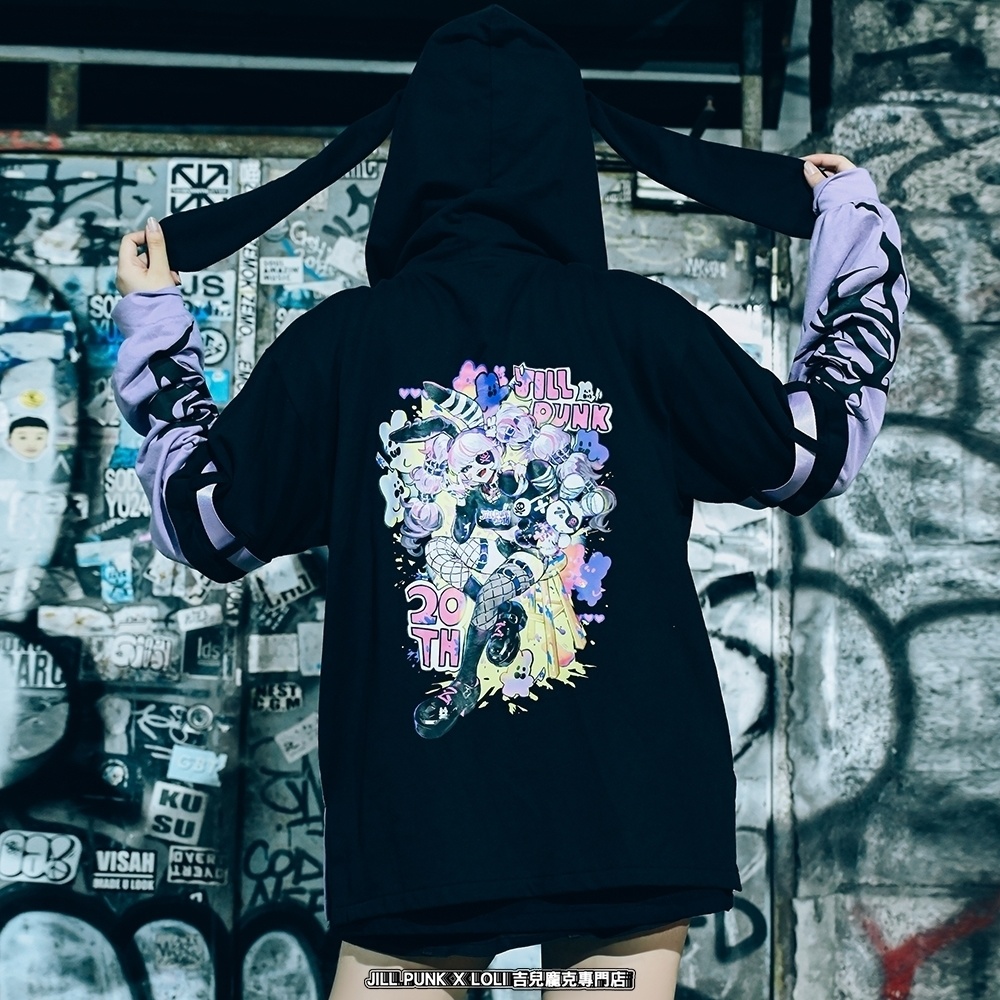 Jillpunk 20周年限定 お宅 アニメ界隈 台湾画師空罐王コラボ ワークスペック 重ね着風 ゆったり 兎耳パーカー メッシュカーゴポケット フード付きジャケット オリジナルメンズ レディー おしゃれ 男女兼用ファッション秋葉系