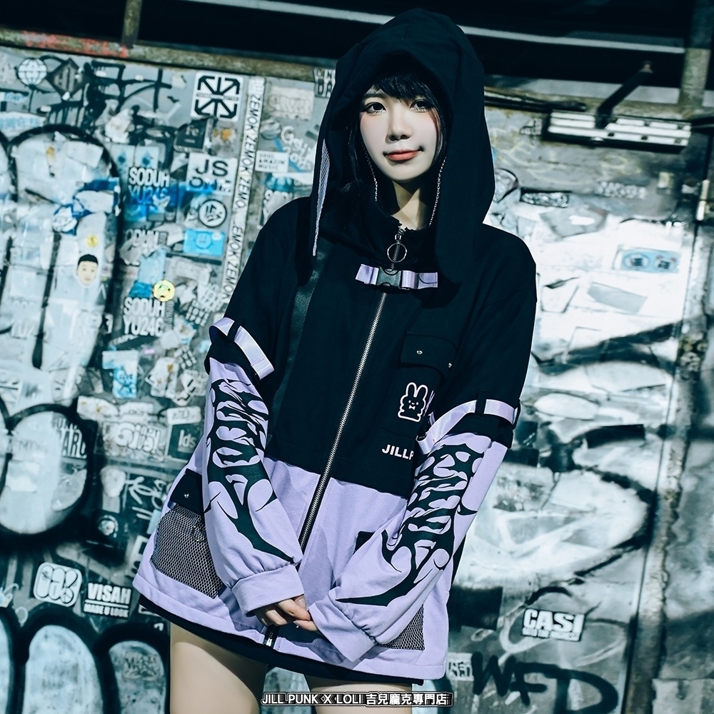 Jillpunk 20周年限定 お宅 アニメ界隈 台湾画師空罐王コラボ ワークスペック 重ね着風 ゆったり 兎耳パーカー メッシュカーゴポケット フード付きジャケット オリジナルメンズ レディー おしゃれ 男女兼用ファッション秋葉系