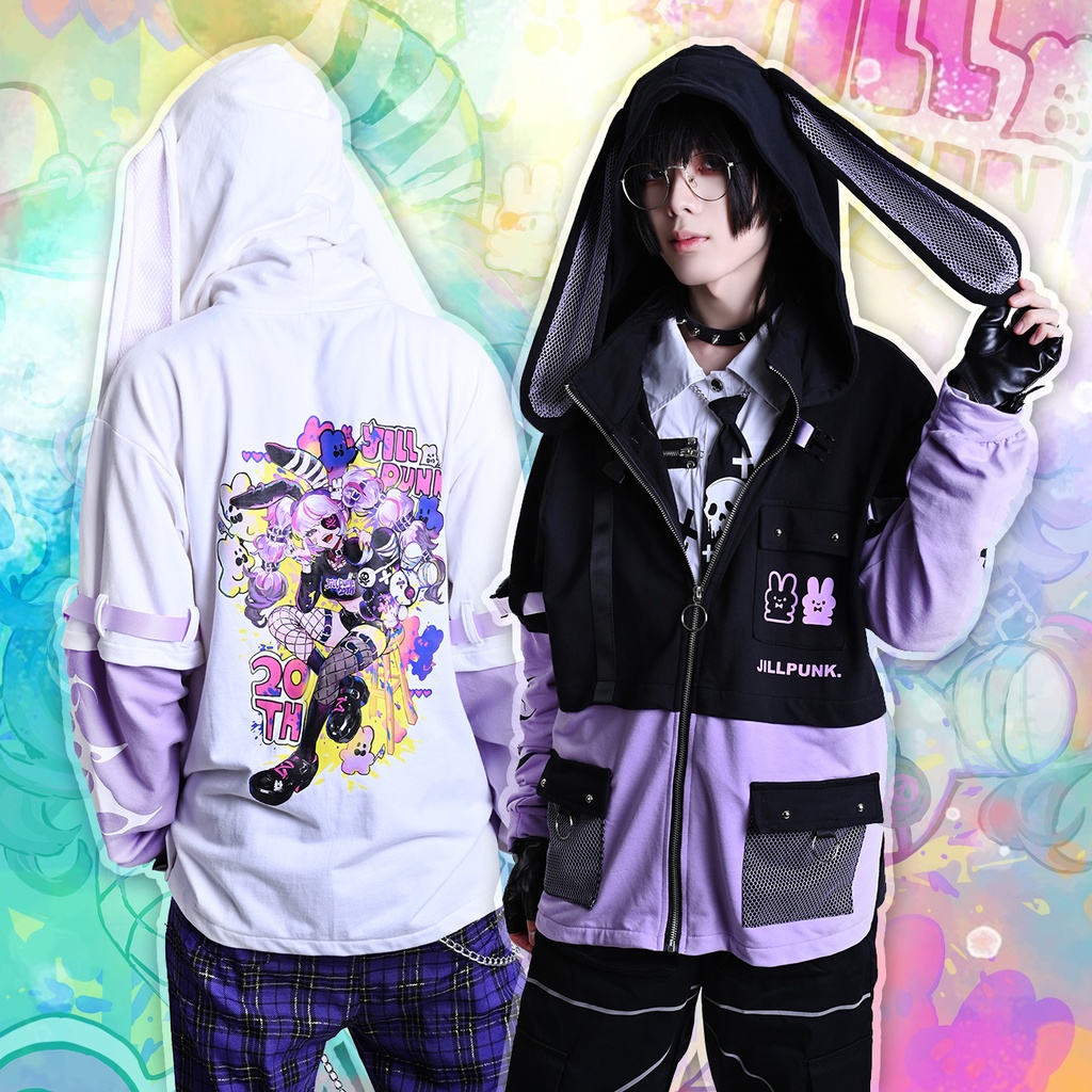 Jillpunk 20周年限定 お宅 アニメ界隈 台湾画師空罐王コラボ ワークスペック 重ね着風 ゆったり 兎耳パーカー メッシュカーゴポケット フード付きジャケット オリジナルメンズ レディー おしゃれ 男女兼用ファッション秋葉系
