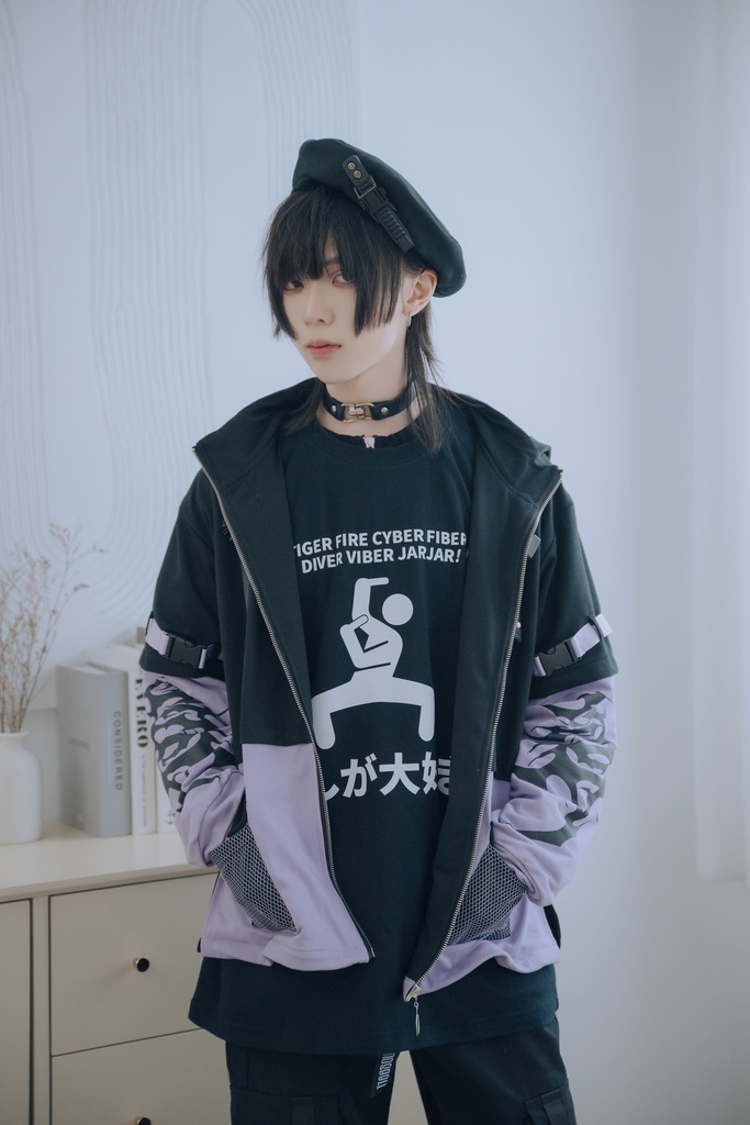 Jillpunk 20周年限定 お宅 アニメ界隈 台湾画師空罐王コラボ ワークスペック 重ね着風 ゆったり 兎耳パーカー メッシュカーゴポケット フード付きジャケット オリジナルメンズ レディー おしゃれ 男女兼用ファッション秋葉系