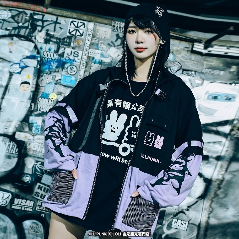 Jillpunk 20周年限定 お宅 アニメ界隈 台湾画師空罐王コラボ ワークスペック 重ね着風 ゆったり 兎耳パーカー メッシュカーゴポケット フード付きジャケット オリジナルメンズ レディー おしゃれ 男女兼用ファッション秋葉系