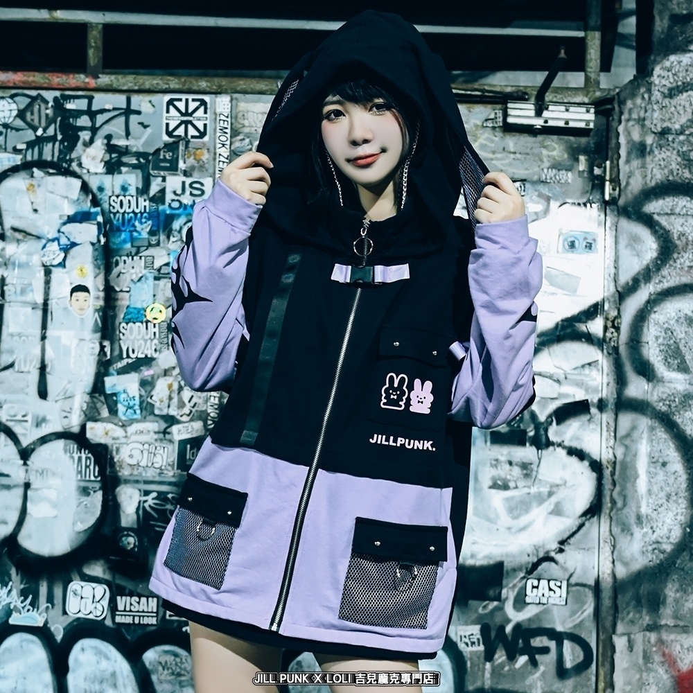 Jillpunk 20周年限定 お宅 アニメ界隈 台湾画師空罐王コラボ ワークスペック 重ね着風 ゆったり 兎耳パーカー メッシュカーゴポケット フード付きジャケット オリジナルメンズ レディー おしゃれ 男女兼用ファッション秋葉系