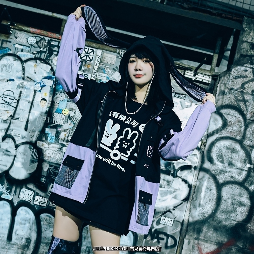 Jillpunk 20周年限定 お宅 アニメ界隈 台湾画師空罐王コラボ ワークスペック 重ね着風 ゆったり 兎耳パーカー メッシュカーゴポケット フード付きジャケット オリジナルメンズ レディー おしゃれ 男女兼用ファッション秋葉系