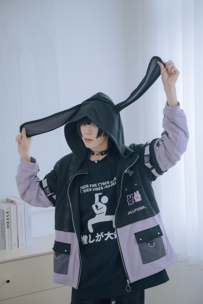 Jillpunk 20周年限定 お宅 アニメ界隈 台湾画師空罐王コラボ ワークスペック 重ね着風 ゆったり 兎耳パーカー メッシュカーゴポケット フード付きジャケット オリジナルメンズ レディー おしゃれ 男女兼用ファッション秋葉系