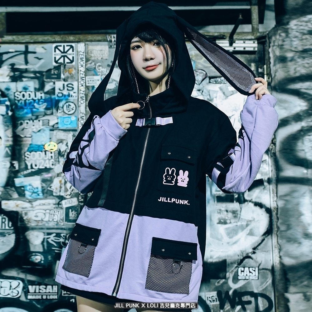Jillpunk 20周年限定 お宅 アニメ界隈 台湾画師空罐王コラボ ワークスペック 重ね着風 ゆったり 兎耳パーカー メッシュカーゴポケット フード付きジャケット オリジナルメンズ レディー おしゃれ 男女兼用ファッション秋葉系