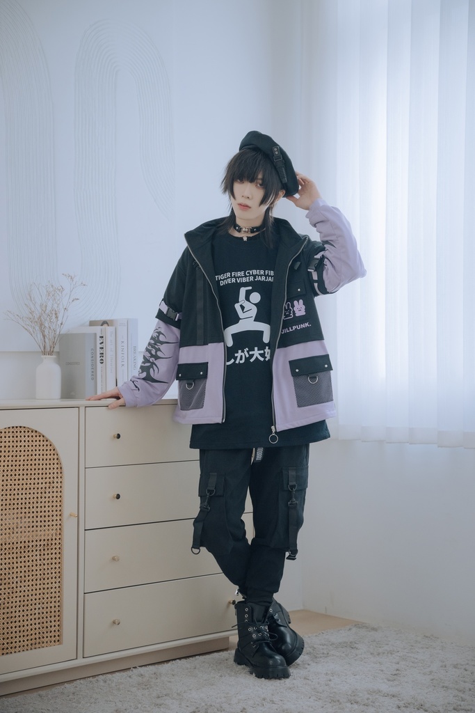 Jillpunk 20周年限定 お宅 アニメ界隈 台湾画師空罐王コラボ ワークスペック 重ね着風 ゆったり 兎耳パーカー メッシュカーゴポケット フード付きジャケット オリジナルメンズ レディー おしゃれ 男女兼用ファッション秋葉系