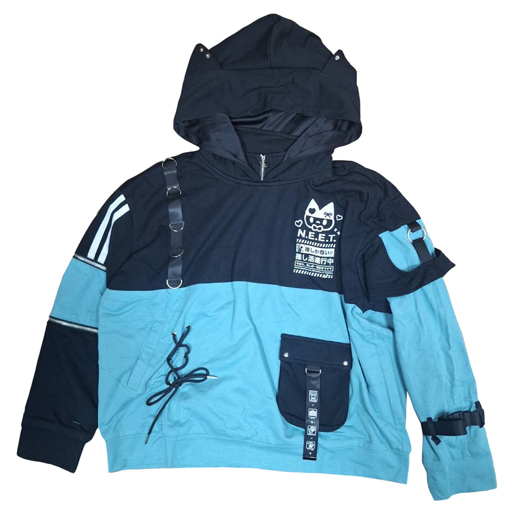 Jillpunk可愛い お宅界隈 アニメ ニ次コン 推し活ねこ NEET 自宅警備員 カーゴポケット色相配色 工業風 ハイネック 猫耳 ゆったり長袖 パーカー オリジナル メンズ レディーズ おしゃれ 男女兼用 ファッション 秋葉系