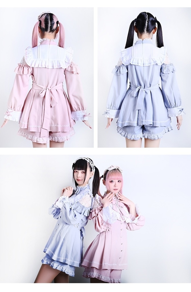 Jillpunk 量産型 地雷系 天使界隈 ロリータ 着せ替え人形 蝶ネクタイ付き フリル 透けレース 長袖 セーラーワンピース シャツドレス ショーパンセット オリジナル 姫系 可愛い おしゃれ ファッション萌え 秋葉原