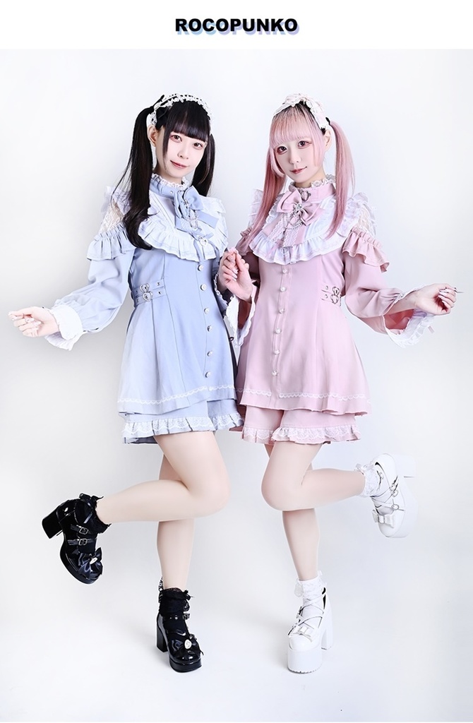 Jillpunk 量産型 地雷系 天使界隈 ロリータ 着せ替え人形 蝶ネクタイ付き フリル 透けレース 長袖 セーラーワンピース シャツドレス ショーパンセット オリジナル 姫系 可愛い おしゃれ ファッション萌え 秋葉原