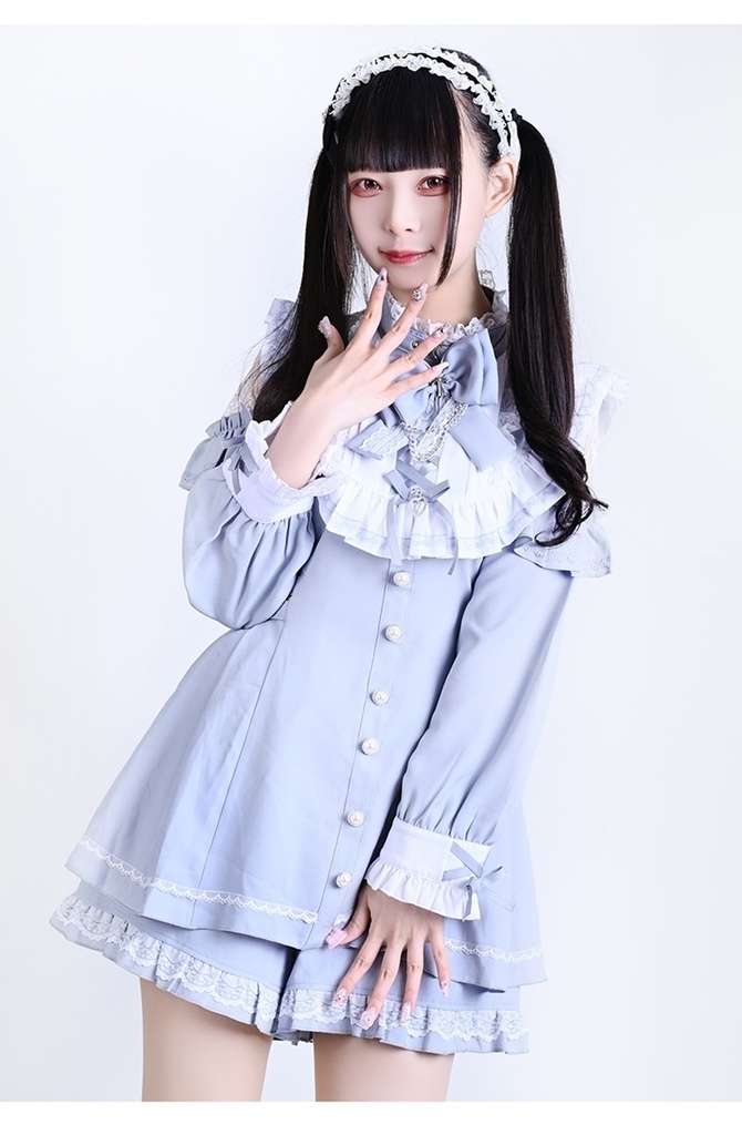 Jillpunk 量産型 地雷系 天使界隈 ロリータ 着せ替え人形 蝶ネクタイ付き フリル 透けレース 長袖 セーラーワンピース シャツドレス ショーパンセット オリジナル 姫系 可愛い おしゃれ ファッション萌え 秋葉原