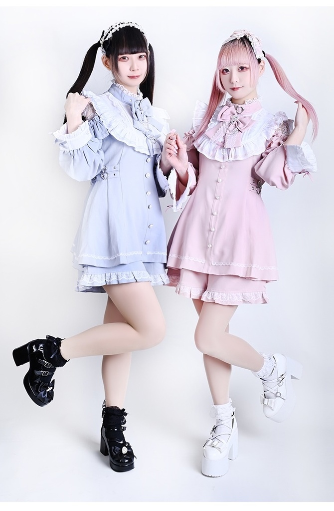 Jillpunk 量産型 地雷系 天使界隈 ロリータ 着せ替え人形 蝶ネクタイ付き フリル 透けレース 長袖 セーラーワンピース シャツドレス ショーパンセット オリジナル 姫系 可愛い おしゃれ ファッション萌え 秋葉原