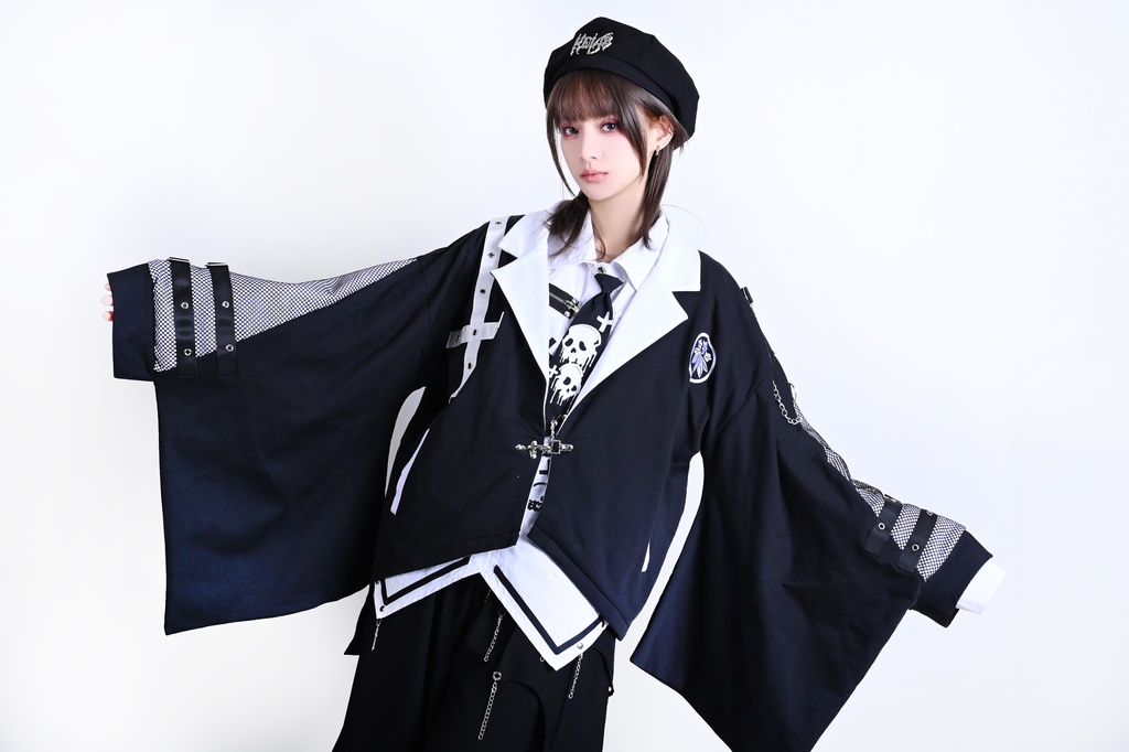 Jillpunk 和風モード 戦国武将物語 牛若丸源義經 武将譚 家紋刺繡 スーツ襟 和洋折衷 振袖現代羽織 和装ジャケット オリジナル メンズ レディー V系 カッコいい おしゃれ 男女兼用ファッション