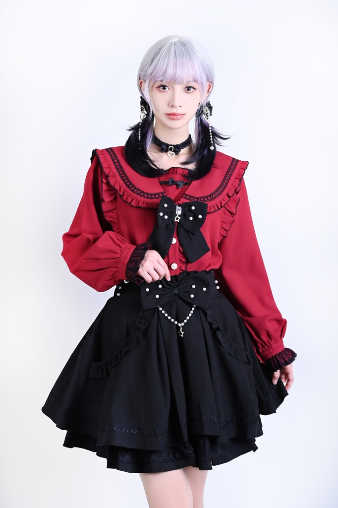 Jillpunk 量産型 茶会願い 地雷系 水色系統 ロリータ 蝶ネクタイ付き フリル セーラー服 リボン 長袖シャツ イミテーションパール ビーズハイウェスト ショートスカート オリジナル 姫系 可愛い おしゃれ ファッション萌え 秋葉原