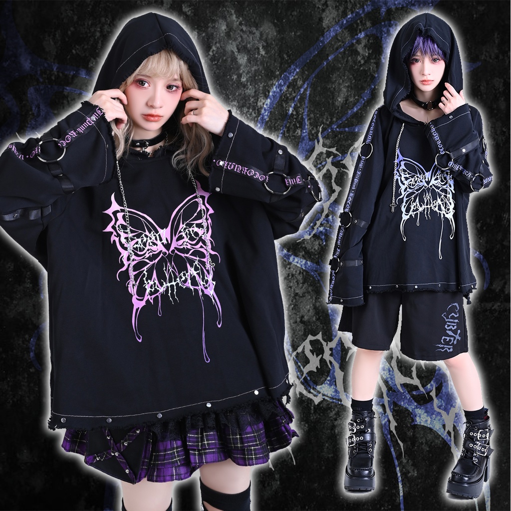 Jillpunk Y2K地雷系 エモい サイバー 電子蝶姫 ヘヴィメタル バンギャ 漸層グラデ 鎖チェーン装飾 割れ加工 長袖パーカー オリジナル メンズ レディーズ V系 おしゃれ男女兼用カッコいい ファッション