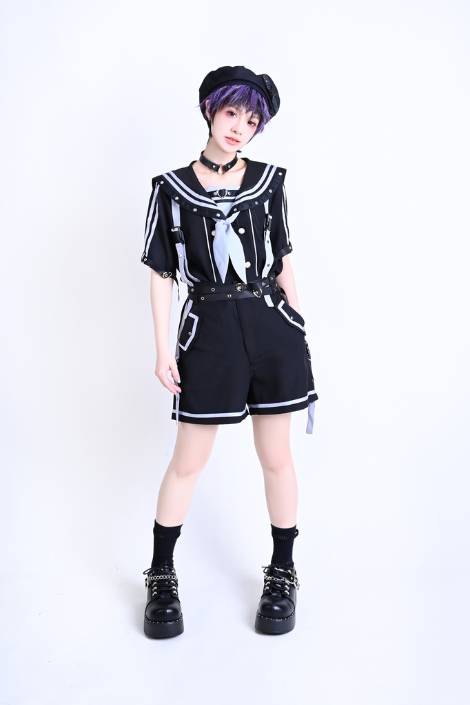 Jillpunk 和洋折衷 正太王子風 夢かわ ロマン航行 ネクタイ ベルト付き 2WAY着こなし セーラートップス 取り外し可能なスカート ショーパンセット 男女兼用 オリジナル メンズ レディー おしゃれ 男女兼用ファッション