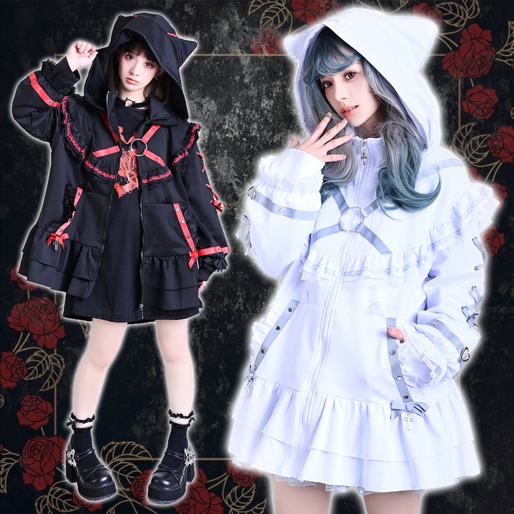 Jillpunk闇かわコーデ 地雷系 天使界隈 闇夜ネコちゃん リボンレース クロスチャーム ハーネス加工 猫耳 尻尾付き フリル ゆったり 長袖パーカー フード付きジャケット 美少女 オリジナル 天使可愛い おしゃれ ファッション 原宿系