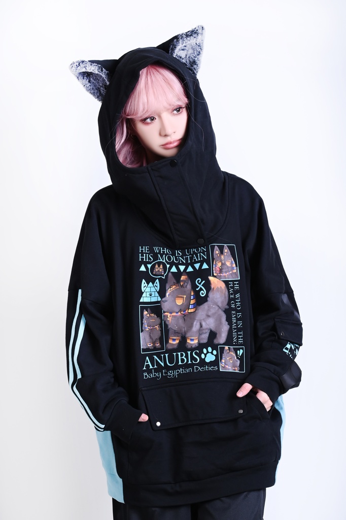 Jillpunk 芝麻コラボ お宅 ニ次コン ワークスペック風 エジプト神話ベビー アヌビス ポケット付き ゆったりパーかー 狼耳 フード付き長袖Tシャツ オリジナル メンズ レディーズ おしゃれ 男女兼用 ファッション 可愛い
