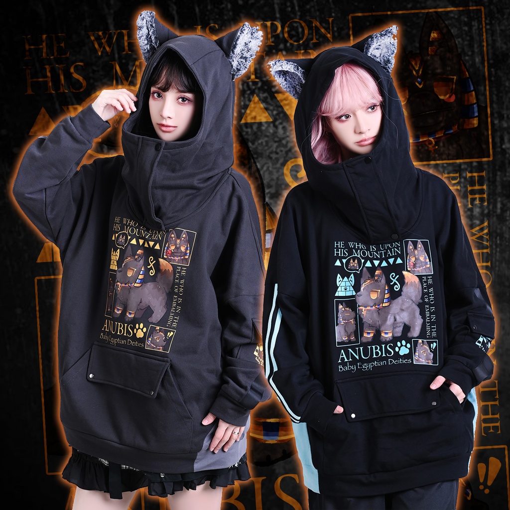 Jillpunk 芝麻コラボ お宅 ニ次コン ワークスペック風 エジプト神話ベビー アヌビス ポケット付き ゆったりパーかー 狼耳 フード付き長袖Tシャツ オリジナル メンズ レディーズ おしゃれ 男女兼用 ファッション 可愛い