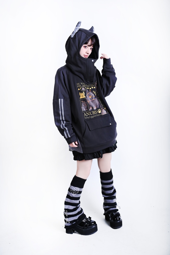 Jillpunk 芝麻コラボ お宅 ニ次コン ワークスペック風 エジプト神話ベビー アヌビス ポケット付き ゆったりパーかー 狼耳 フード付き長袖Tシャツ オリジナル メンズ レディーズ おしゃれ 男女兼用 ファッション 可愛い
