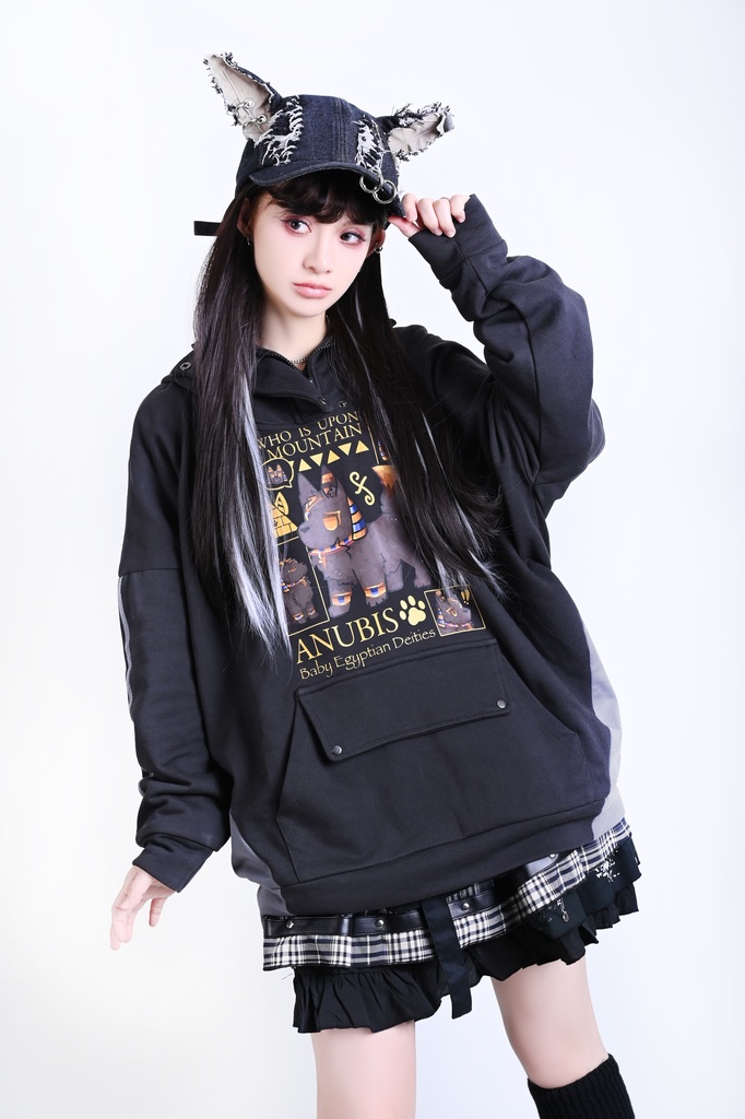Jillpunk 芝麻コラボ お宅 ニ次コン ワークスペック風 エジプト神話ベビー アヌビス ポケット付き ゆったりパーかー 狼耳 フード付き長袖Tシャツ オリジナル メンズ レディーズ おしゃれ 男女兼用 ファッション 可愛い