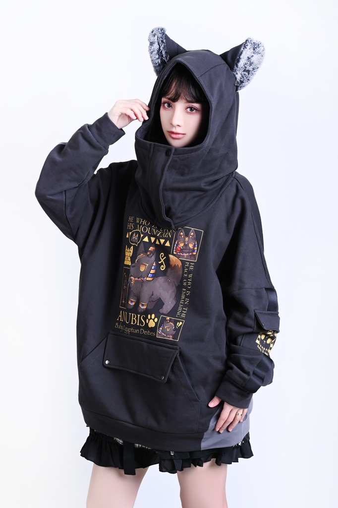 Jillpunk 芝麻コラボ お宅 ニ次コン ワークスペック風 エジプト神話ベビー アヌビス ポケット付き ゆったりパーかー 狼耳 フード付き長袖Tシャツ オリジナル メンズ レディーズ おしゃれ 男女兼用 ファッション 可愛い