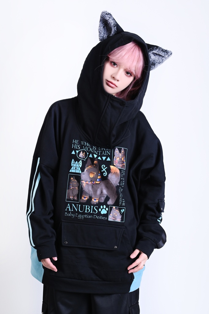 Jillpunk 芝麻コラボ お宅 ニ次コン ワークスペック風 エジプト神話ベビー アヌビス ポケット付き ゆったりパーかー 狼耳 フード付き長袖Tシャツ オリジナル メンズ レディーズ おしゃれ 男女兼用 ファッション 可愛い