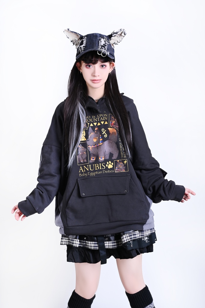 Jillpunk 芝麻コラボ お宅 ニ次コン ワークスペック風 エジプト神話ベビー アヌビス ポケット付き ゆったりパーかー 狼耳 フード付き長袖Tシャツ オリジナル メンズ レディーズ おしゃれ 男女兼用 ファッション 可愛い