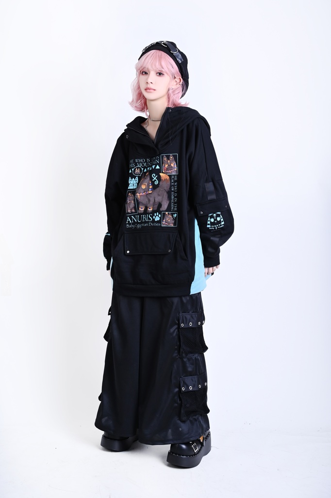 Jillpunk 芝麻コラボ お宅 ニ次コン ワークスペック風 エジプト神話ベビー アヌビス ポケット付き ゆったりパーかー 狼耳 フード付き長袖Tシャツ オリジナル メンズ レディーズ おしゃれ 男女兼用 ファッション 可愛い