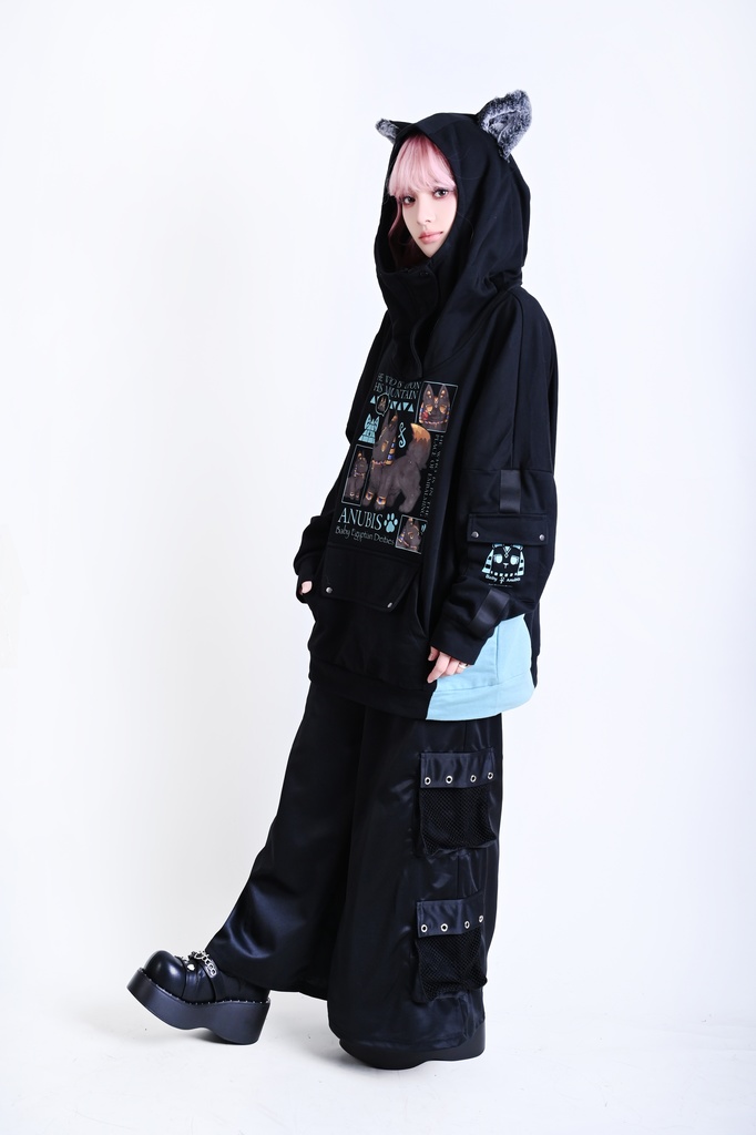 Jillpunk 芝麻コラボ お宅 ニ次コン ワークスペック風 エジプト神話ベビー アヌビス ポケット付き ゆったりパーかー 狼耳 フード付き長袖Tシャツ オリジナル メンズ レディーズ おしゃれ 男女兼用 ファッション 可愛い