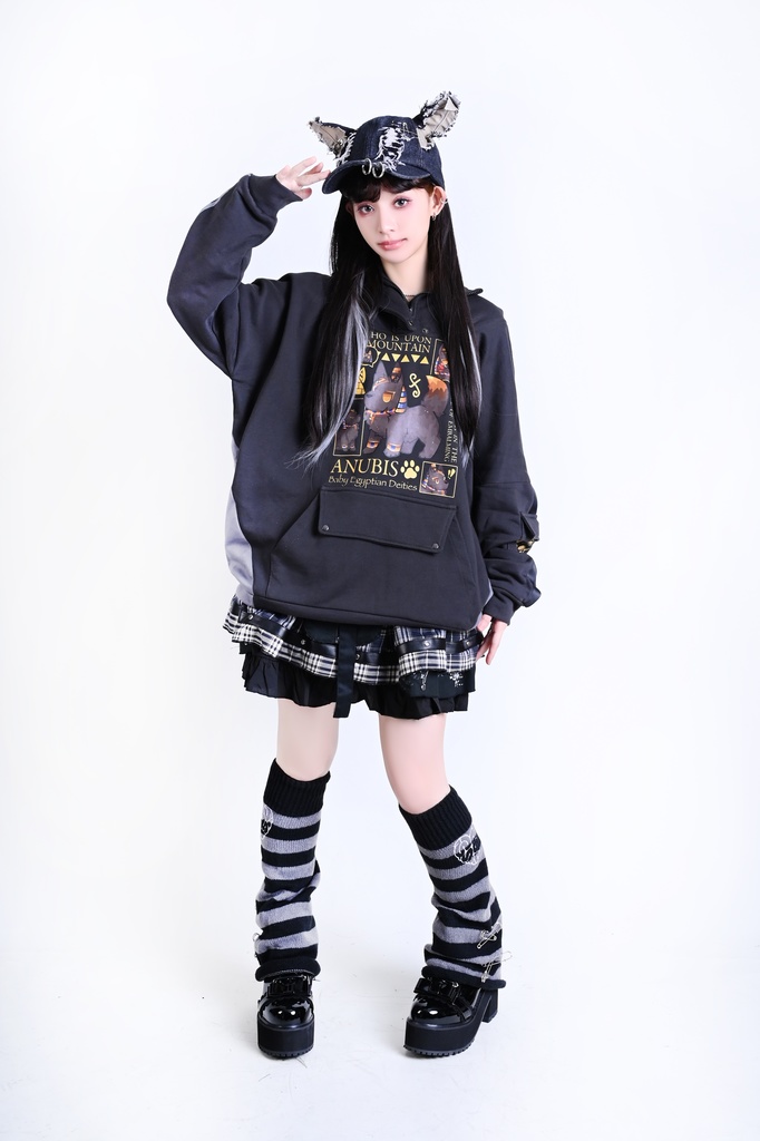 Jillpunk 芝麻コラボ お宅 ニ次コン ワークスペック風 エジプト神話ベビー アヌビス ポケット付き ゆったりパーかー 狼耳 フード付き長袖Tシャツ オリジナル メンズ レディーズ おしゃれ 男女兼用 ファッション 可愛い