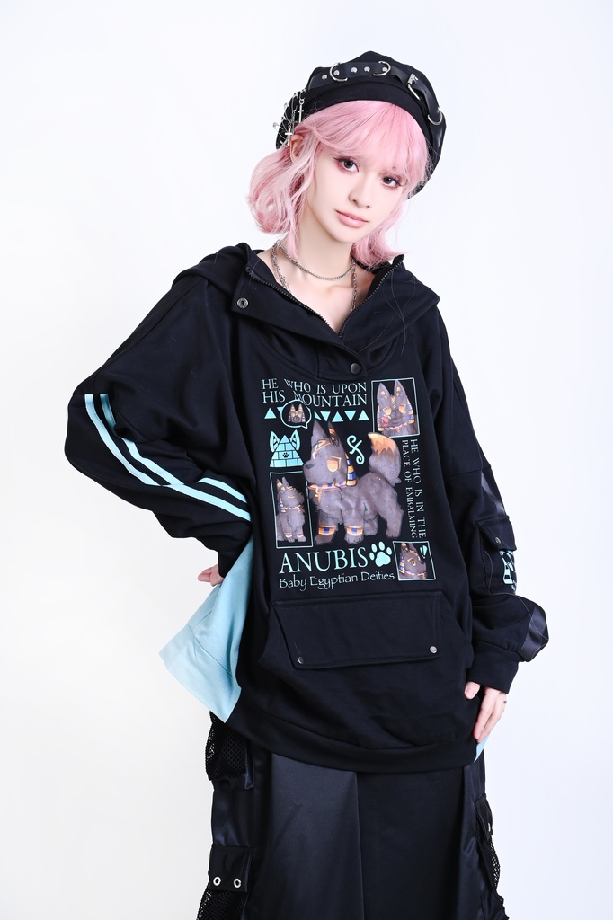 Jillpunk 芝麻コラボ お宅 ニ次コン ワークスペック風 エジプト神話ベビー アヌビス ポケット付き ゆったりパーかー 狼耳 フード付き長袖Tシャツ オリジナル メンズ レディーズ おしゃれ 男女兼用 ファッション 可愛い