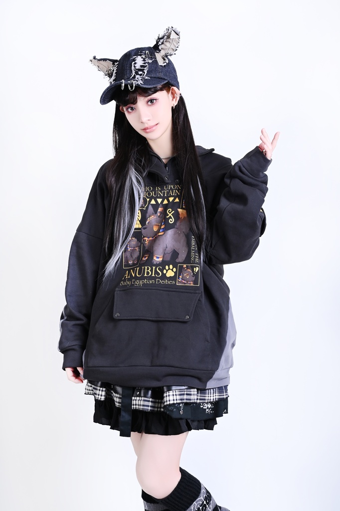 Jillpunk 芝麻コラボ お宅 ニ次コン ワークスペック風 エジプト神話ベビー アヌビス ポケット付き ゆったりパーかー 狼耳 フード付き長袖Tシャツ オリジナル メンズ レディーズ おしゃれ 男女兼用 ファッション 可愛い