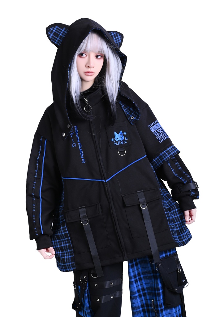 Jillpunk可愛い お宅界隈 ニ次コン 社交ねこ NEET 自宅警備員 ブリティッシュ タータンチェック柄 立ち襟 キルティング/薄手 猫耳 ゆったり長袖 パーカー フード付きジャケット オリジナル メンズ レディーズ おしゃれ 男女兼用 ファッション 秋葉系