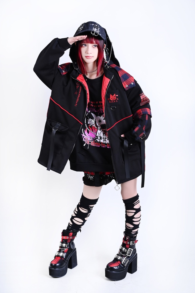 Jillpunk可愛い お宅界隈 ニ次コン 社交ねこ NEET 自宅警備員 ブリティッシュ タータンチェック柄 立ち襟 キルティング/薄手 猫耳 ゆったり長袖 パーカー フード付きジャケット オリジナル メンズ レディーズ おしゃれ 男女兼用 ファッション 秋葉系