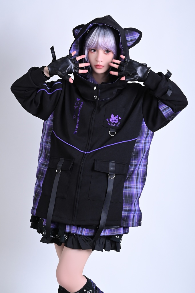 Jillpunk可愛い お宅界隈 ニ次コン 社交ねこ NEET 自宅警備員 ブリティッシュ タータンチェック柄 立ち襟 キルティング/薄手 猫耳 ゆったり長袖 パーカー フード付きジャケット オリジナル メンズ レディーズ おしゃれ 男女兼用 ファッション 秋葉系