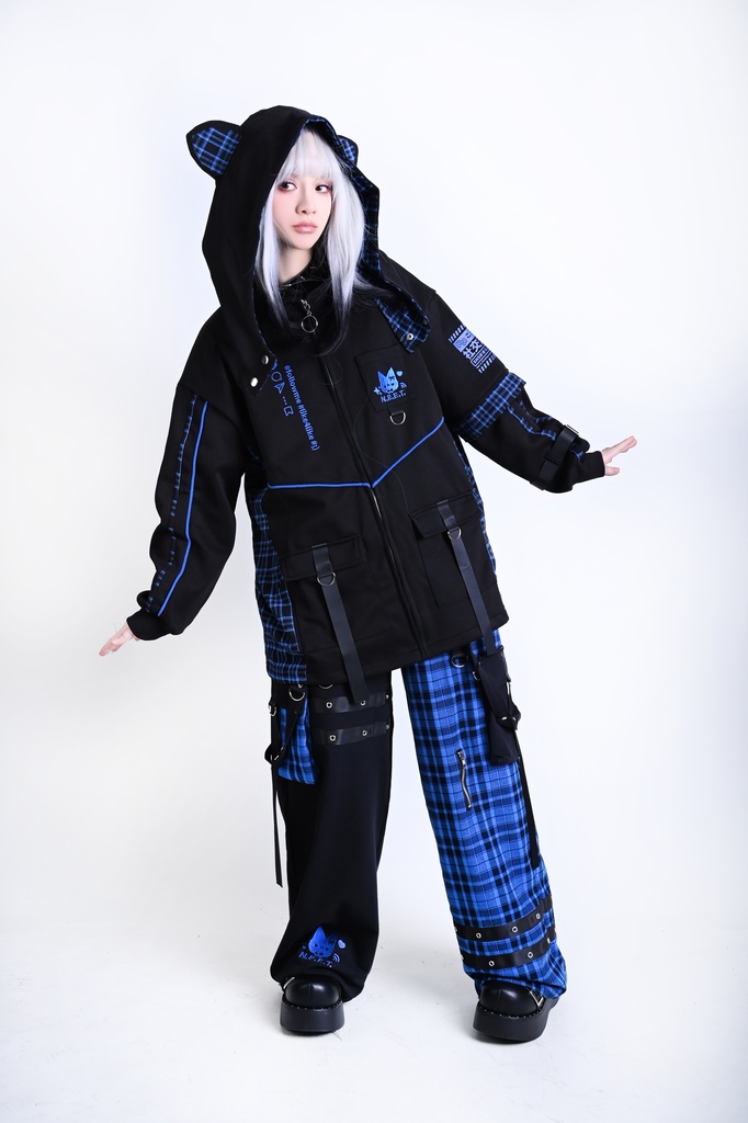 Jillpunk可愛い お宅界隈 ニ次コン 社交ねこ NEET 自宅警備員 ブリティッシュ タータンチェック柄 立ち襟 キルティング/薄手 猫耳 ゆったり長袖 パーカー フード付きジャケット オリジナル メンズ レディーズ おしゃれ 男女兼用 ファッション 秋葉系