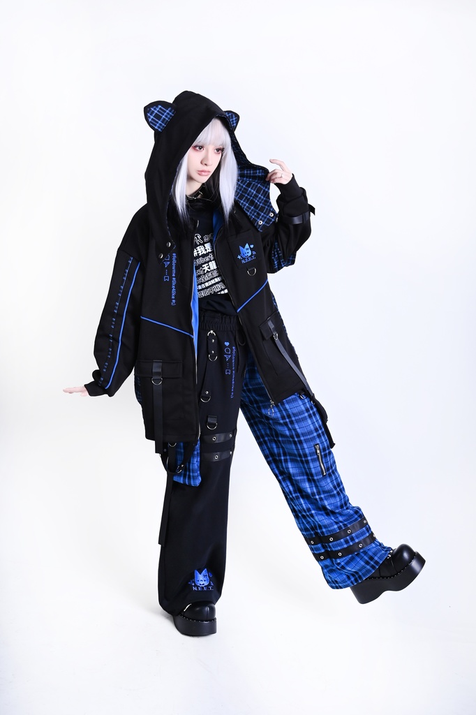 Jillpunk可愛い お宅界隈 ニ次コン 社交ねこ NEET 自宅警備員 ブリティッシュ タータンチェック柄 立ち襟 キルティング/薄手 猫耳 ゆったり長袖 パーカー フード付きジャケット オリジナル メンズ レディーズ おしゃれ 男女兼用 ファッション 秋葉系