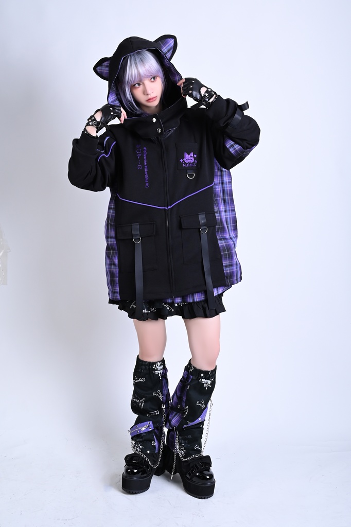 Jillpunk可愛い お宅界隈 ニ次コン 社交ねこ NEET 自宅警備員 ブリティッシュ タータンチェック柄 立ち襟 キルティング/薄手 猫耳 ゆったり長袖 パーカー フード付きジャケット オリジナル メンズ レディーズ おしゃれ 男女兼用 ファッション 秋葉系