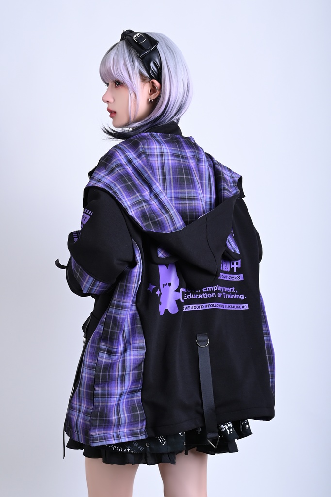 Jillpunk可愛い お宅界隈 ニ次コン 社交ねこ NEET 自宅警備員 ブリティッシュ タータンチェック柄 立ち襟 キルティング/薄手 猫耳 ゆったり長袖 パーカー フード付きジャケット オリジナル メンズ レディーズ おしゃれ 男女兼用 ファッション 秋葉系