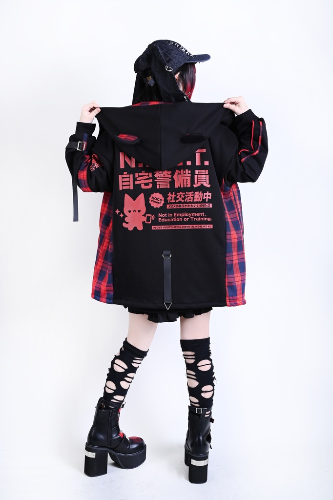 Jillpunk可愛い お宅界隈 ニ次コン 社交ねこ NEET 自宅警備員 ブリティッシュ タータンチェック柄 立ち襟 キルティング/薄手 猫耳 ゆったり長袖 パーカー フード付きジャケット オリジナル メンズ レディーズ おしゃれ 男女兼用 ファッション 秋葉系