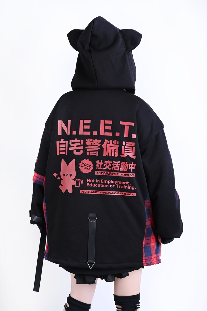 Jillpunk可愛い お宅界隈 ニ次コン 社交ねこ NEET 自宅警備員 ブリティッシュ タータンチェック柄 立ち襟 キルティング/薄手 猫耳 ゆったり長袖 パーカー フード付きジャケット オリジナル メンズ レディーズ おしゃれ 男女兼用 ファッション 秋葉系