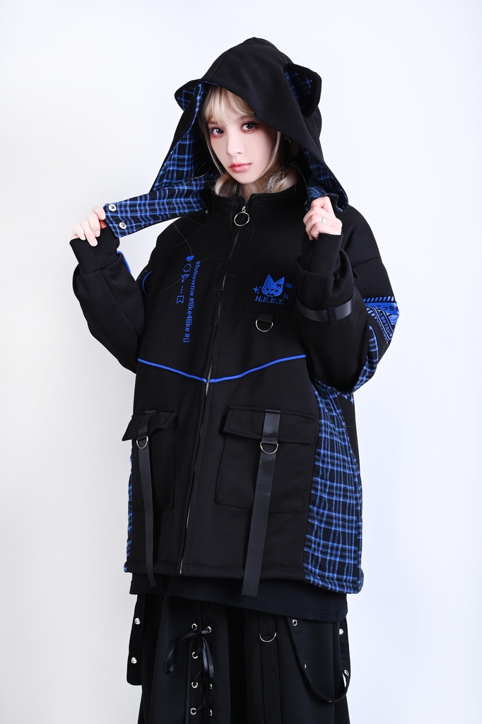 Jillpunk可愛い お宅界隈 ニ次コン 社交ねこ NEET 自宅警備員 ブリティッシュ タータンチェック柄 立ち襟 キルティング/薄手 猫耳 ゆったり長袖 パーカー フード付きジャケット オリジナル メンズ レディーズ おしゃれ 男女兼用 ファッション 秋葉系