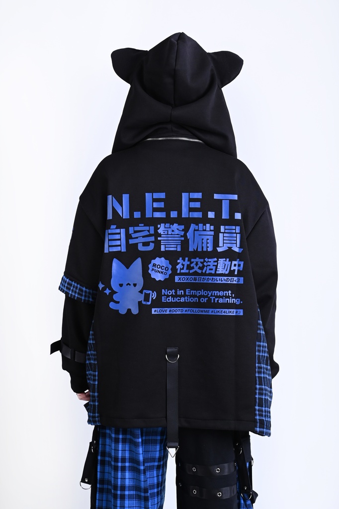 Jillpunk可愛い お宅界隈 ニ次コン 社交ねこ NEET 自宅警備員 ブリティッシュ タータンチェック柄 立ち襟 キルティング/薄手 猫耳 ゆったり長袖 パーカー フード付きジャケット オリジナル メンズ レディーズ おしゃれ 男女兼用 ファッション 秋葉系