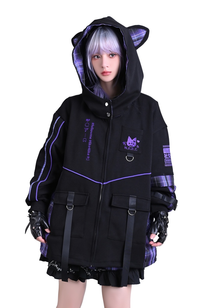 Jillpunk可愛い お宅界隈 ニ次コン 社交ねこ NEET 自宅警備員 ブリティッシュ タータンチェック柄 立ち襟 キルティング/薄手 猫耳 ゆったり長袖 パーカー フード付きジャケット オリジナル メンズ レディーズ おしゃれ 男女兼用 ファッション 秋葉系