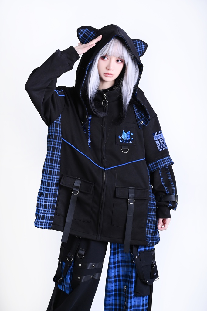 Jillpunk可愛い お宅界隈 ニ次コン 社交ねこ NEET 自宅警備員 ブリティッシュ タータンチェック柄 立ち襟 キルティング/薄手 猫耳 ゆったり長袖 パーカー フード付きジャケット オリジナル メンズ レディーズ おしゃれ 男女兼用 ファッション 秋葉系