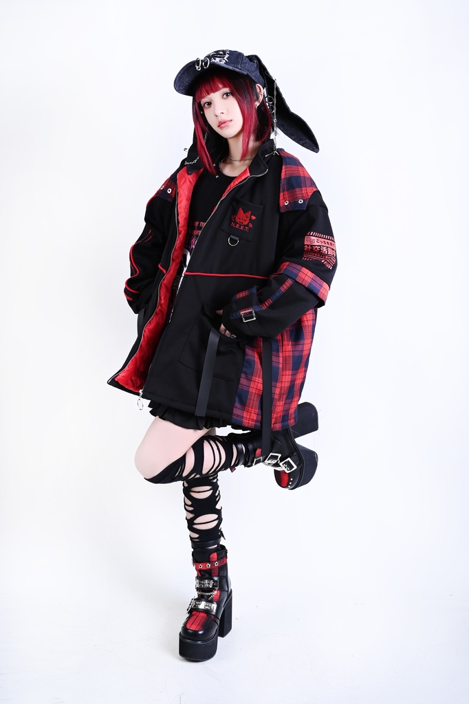 Jillpunk可愛い お宅界隈 ニ次コン 社交ねこ NEET 自宅警備員 ブリティッシュ タータンチェック柄 立ち襟 キルティング/薄手 猫耳 ゆったり長袖 パーカー フード付きジャケット オリジナル メンズ レディーズ おしゃれ 男女兼用 ファッション 秋葉系