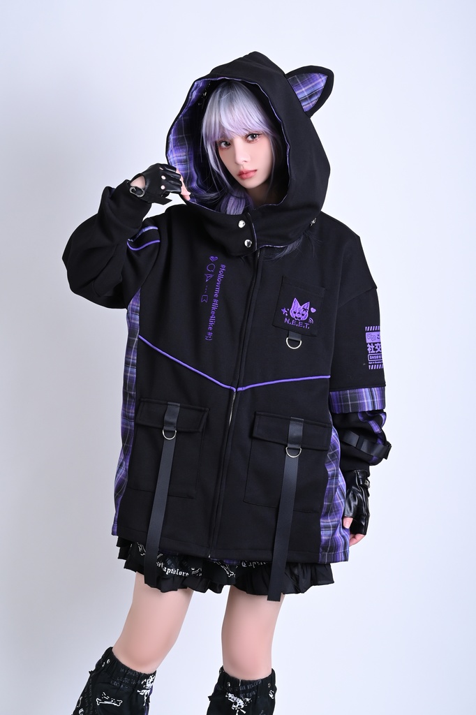 Jillpunk可愛い お宅界隈 ニ次コン 社交ねこ NEET 自宅警備員 ブリティッシュ タータンチェック柄 立ち襟 キルティング/薄手 猫耳 ゆったり長袖 パーカー フード付きジャケット オリジナル メンズ レディーズ おしゃれ 男女兼用 ファッション 秋葉系