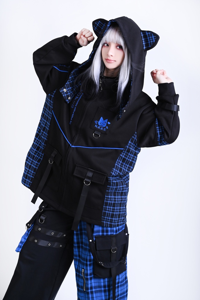 Jillpunk可愛い お宅界隈 ニ次コン 社交ねこ NEET 自宅警備員 ブリティッシュ タータンチェック柄 立ち襟 キルティング/薄手 猫耳 ゆったり長袖 パーカー フード付きジャケット オリジナル メンズ レディーズ おしゃれ 男女兼用 ファッション 秋葉系