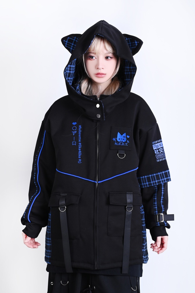 Jillpunk可愛い お宅界隈 ニ次コン 社交ねこ NEET 自宅警備員 ブリティッシュ タータンチェック柄 立ち襟 キルティング/薄手 猫耳 ゆったり長袖 パーカー フード付きジャケット オリジナル メンズ レディーズ おしゃれ 男女兼用 ファッション 秋葉系