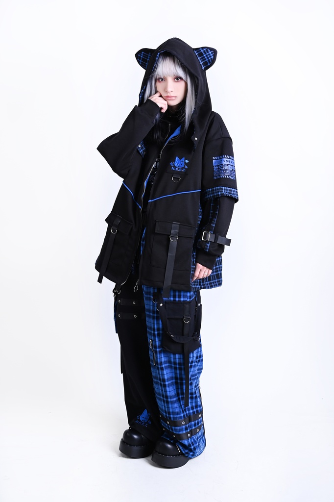 Jillpunk可愛い お宅界隈 ニ次コン 社交ねこ NEET 自宅警備員 ブリティッシュ タータンチェック柄 立ち襟 キルティング/薄手 猫耳 ゆったり長袖 パーカー フード付きジャケット オリジナル メンズ レディーズ おしゃれ 男女兼用 ファッション 秋葉系